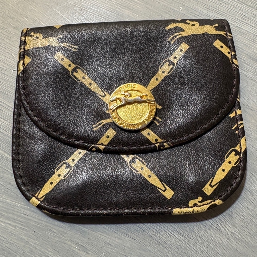 Longchamp Paris Coin Purse Pouch Brown Gold Horse Buckle Motif Small